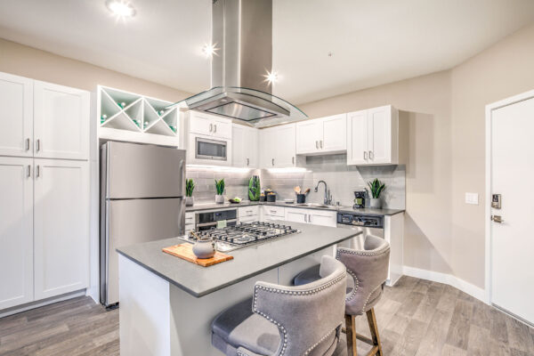 Kitchen with wood floor, white cabinets, gray counters, and stainless steel appliances.