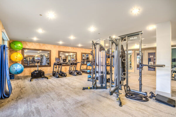Fitness center with cardio machines and weight equipment.
