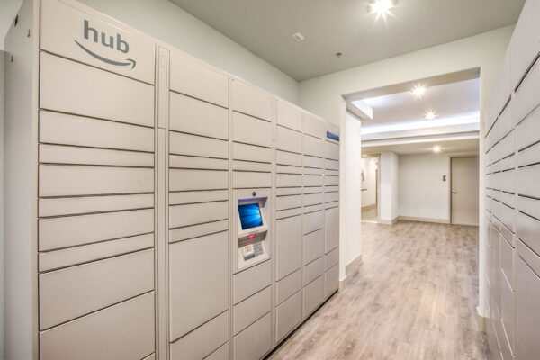 Mail room with Amazon hub lockers.