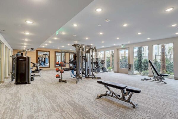 Aspire at Echelon apartments fitness center with cardio machines and weight equipment.