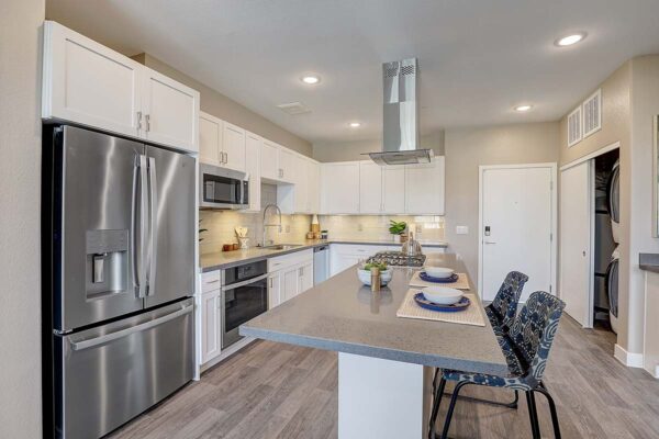 Aspire at Echelon apartment kitchen with wood style floor, white cabinets, gray counters, and stainless steel appliances.