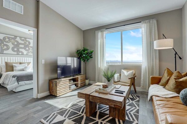 Aspire at Echelon apartment living room with pattern rug, leather couch, and console with TV.