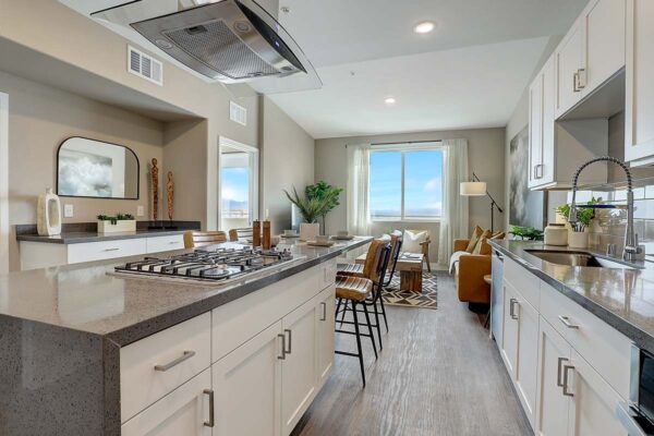 Aspire at Echelon apartment kitchen with wood style floor, white cabinets, gray counters, and range hood.