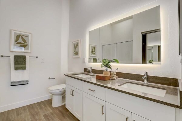Aspire at Redwood apartment bathroom with wood style floor, white cabinets, gray counters, and lighted mirror.