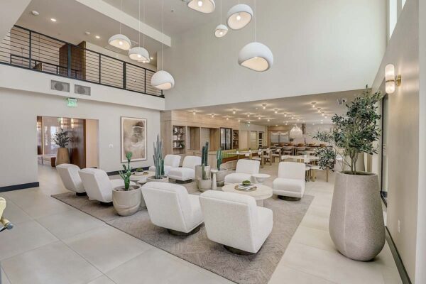 Aspire at Redwood apartments great room with plush seating, cactuses, and eclectic light fixtures.