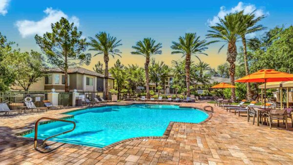 Pool area with lounge chairs, umbrellas, stone paver patio, and tall palm trees.
