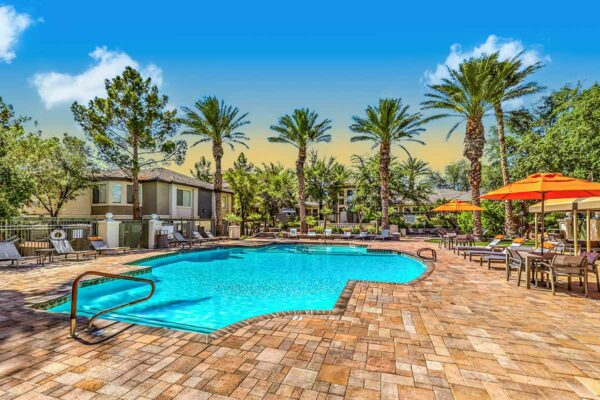 Pool area with lounge chairs, umbrellas, stone paver patio, and tall palm trees.
