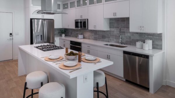 Arzano kitchen with wood style floor, white cabinets and counters, and stainless steel appliances.