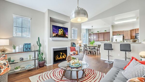 Living room with plush couch, coffee table, shelves with decor, TV, and fireplace.