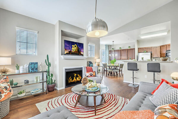 Living room with plush couch, coffee table, shelves with decor, TV, and fireplace.