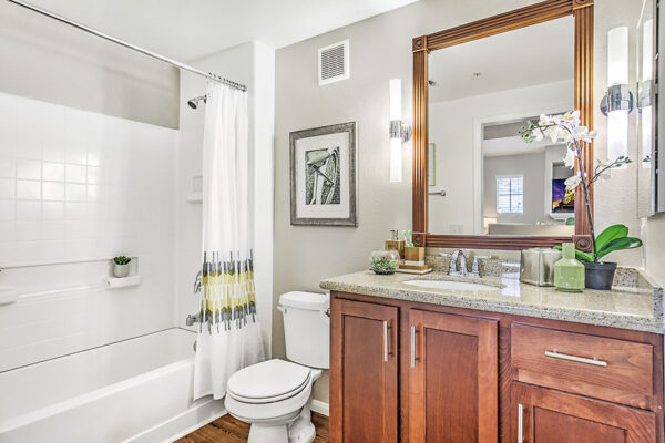 Bathroom with wood cabinets, stone counters, framed mirror, and tiled shower tub.