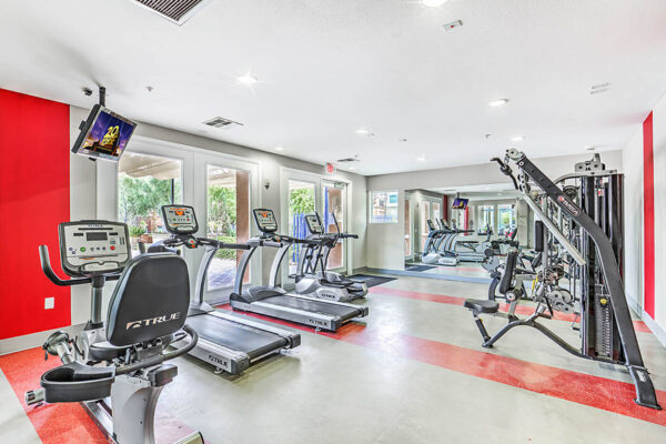 Fitness center with cardio machines, weight equipment, TV, and large windows.