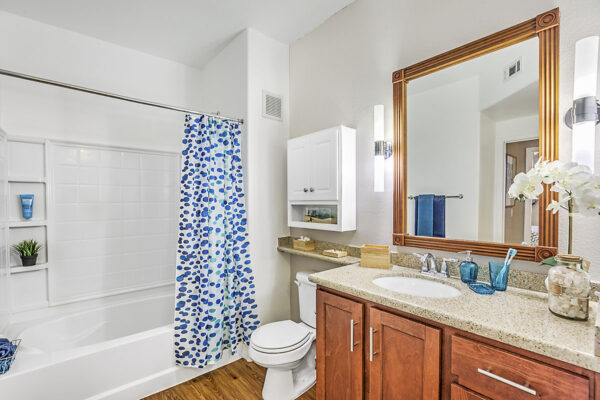 Bathroom with wood floor and cabinets, stone counters, framed mirror, and tiled shower tub.