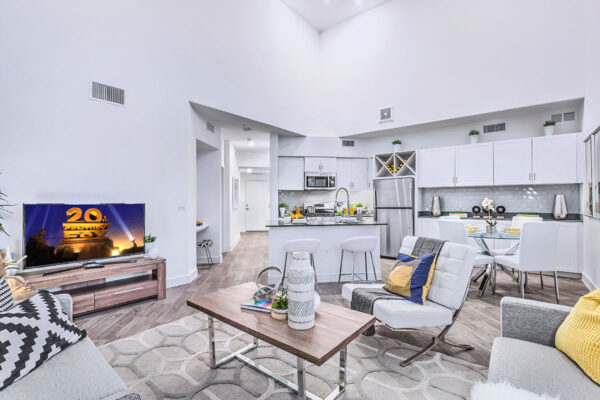 Living area with modern kitchen, comfortable seating area, and dining space with glass table.