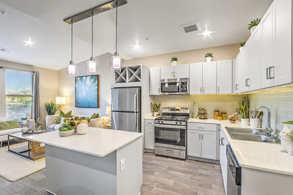 Kitchen with wood floor, gray cabinets, stone counters, stainless steel appliances, and tiled backsplash.