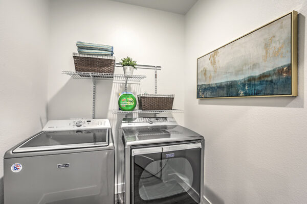 Laundry room with washer, dryer, shelves with boxes, and artwork.