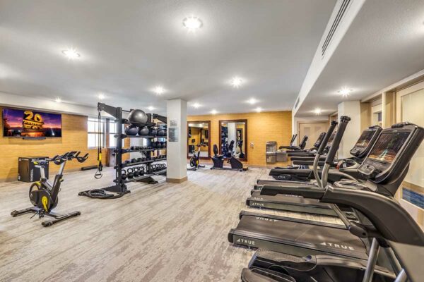 Fitness center with cardio machines and weight equipment.