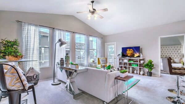 Living room with carpet, plush couch, shelves with decor and TV, ceiling fan, and large windows.
