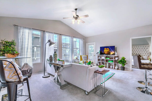 Living room with carpet, plush couch, shelves with decor and TV, ceiling fan, and large windows.