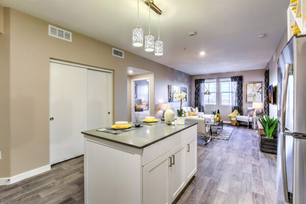 Kitchen with wood floor, white cabinets, grey counters, and stainless steel appliances.