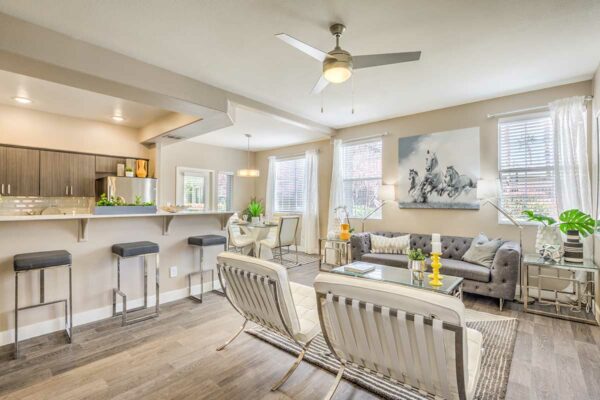 Living area with modern kitchen, plush seating area, and comfortable dining area.