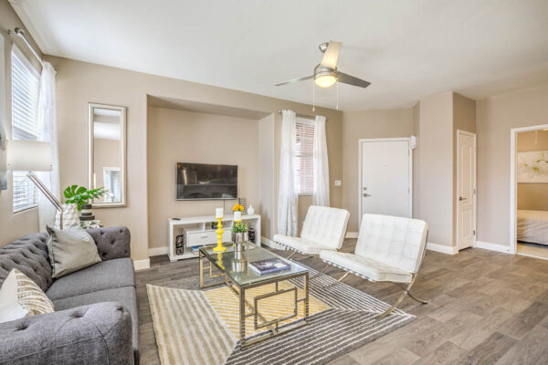 Living room with wood floor, plush seating, ceiling fan, TV, and decor.
