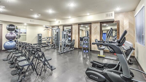 Fitness center with cardio machines, weight equipment, large mirrors, and fitness chairs.