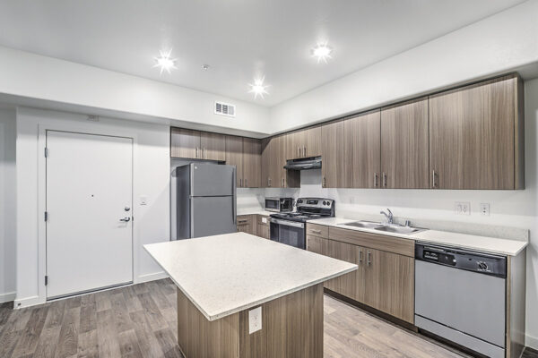 Apartment kitchen with wood floor and cabinets, light counters, and stainless steel appliances.