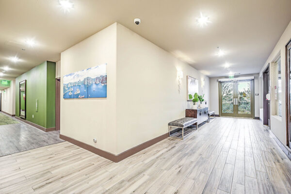 Hallway with leather benches, console with plants, large artwork, and glass entry doors.