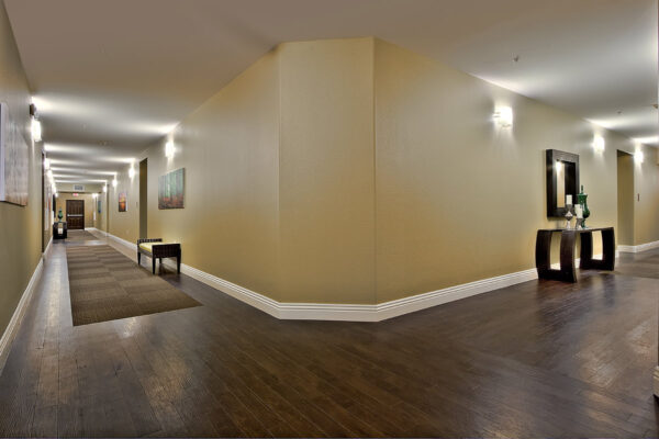 Hallway with wood tile floor, table with decor, large mirror, and gold accent walls.