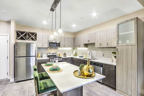 Apartment kitchen with wood floor and cabinets, stone counters, and stainless steel appliances.