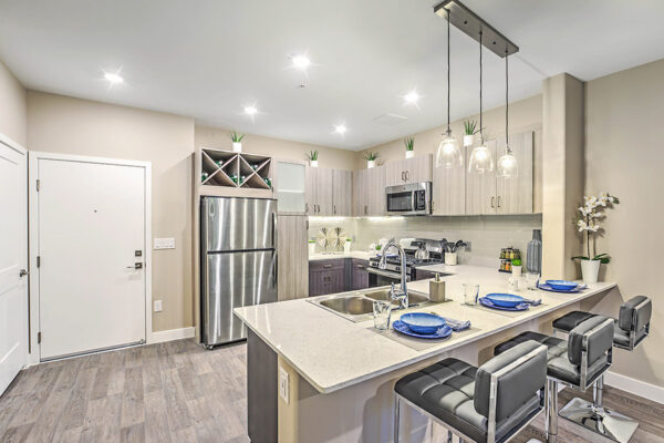 Apartment kitchen with wood floor and cabinets, stone counters, stainless steel appliances, and entry door.