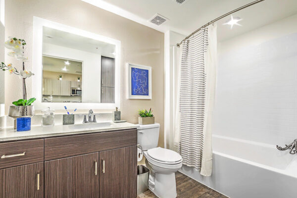 Bathroom with wood cabinets, stone counters, lighted mirror, and tiled shower tub.