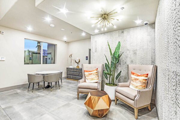 Lounge with plush chairs, geometric coffee table, potted plants, and brass chandelier.