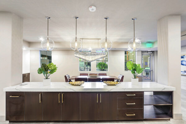 Clubhouse with dining tables, stone counter with wood cabinets, and round glass light fixtures.