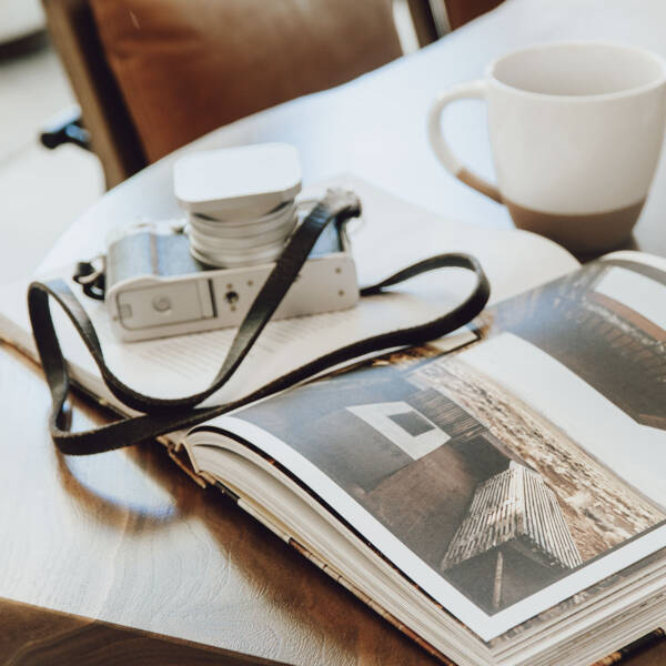 Coffee table book with camera.