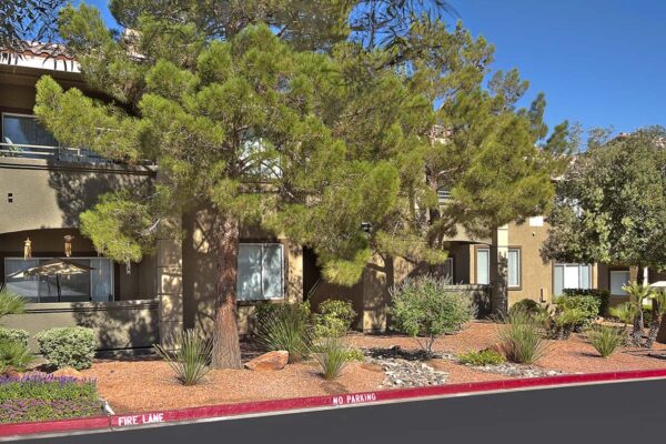 San Croix apartments with tall trees, rocky landscaping, and large balconies.