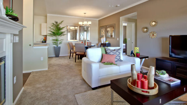 Living room with carpet, plush seating, coffee table with decor, TV, and artwork.