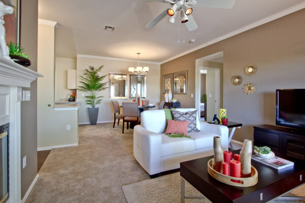 Living room with carpet, plush seating, coffee table with decor, TV, and artwork.