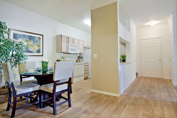 Apartment living area with modern kitchen, comfortable dining room, and entry hallway.