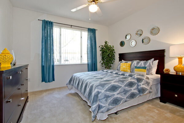 Bedroom with carpet, plush bed with headboard, bedside table with lamp, potted plant, and art.