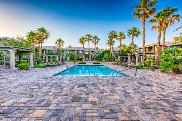 Pool area with stone paver patio, lounge chairs, lush landscaping, and tall palms.
