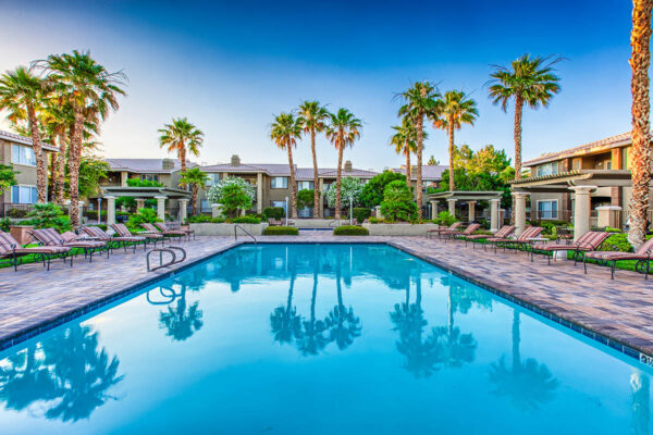 Pool area with stone paver patio, lounge chairs, lush landscaping, and tall palms.