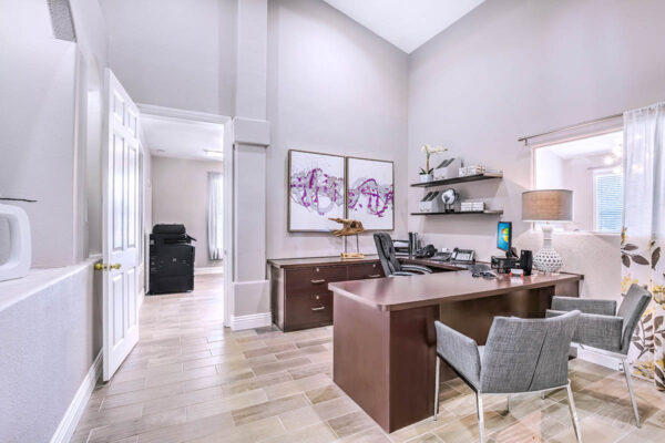 Leasing office with large desk, plush chairs, shevles with decor, and large artwork.