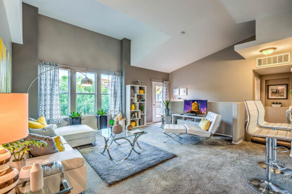 Living room with carpet, plush sectional, bookshelf with decor, floor standing lamp, and vaulted ceilings.