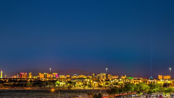 View of mountains surrounding Las Vegas city at dusk from Tesora apartments.