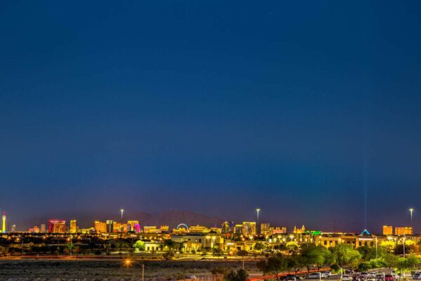 View of mountains surrounding Las Vegas city at dusk from Tesora apartments.