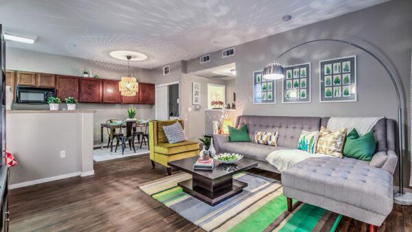 Apartment living area with plush seating, eclectic decor, and comfortable dining room.