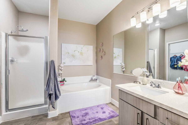 Bathroom with wood floor and cabinets, large mirror, tiled shower and tub in Summerlin apartment