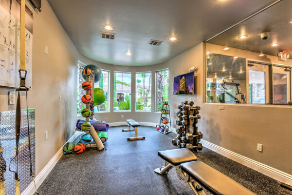 Fitness center with weight and calisthenics equipment, mirrors, TV, and large windows.